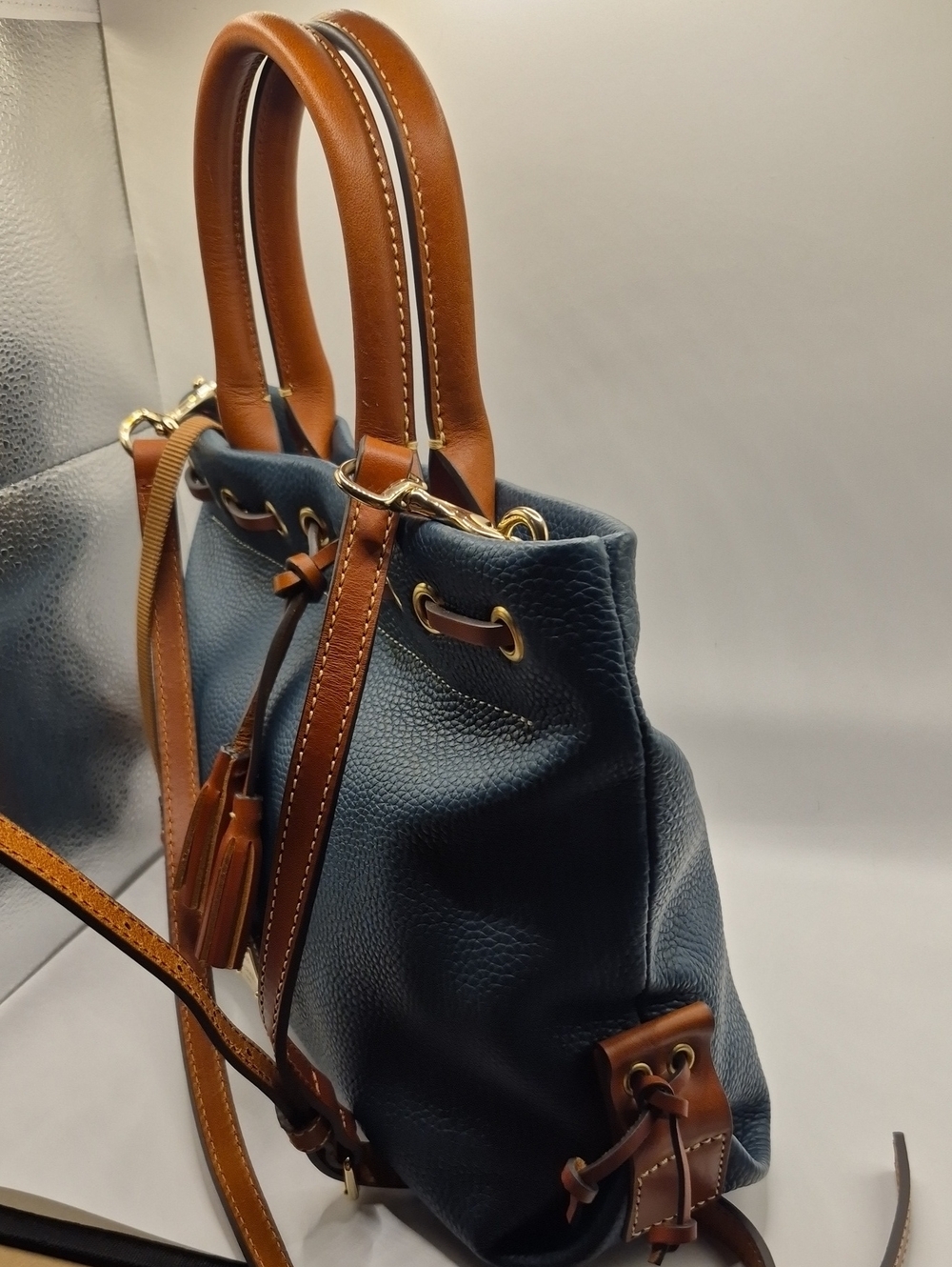 Dooney & Bourke Deep TEAL Pebble Leather Drawstring Satchel PURSE with Tan Trim - Picture 4 of 11